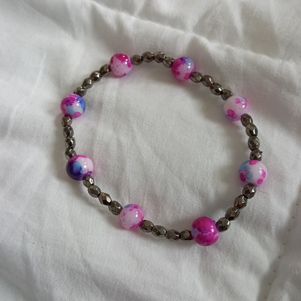hand crafted neon purple and silver crystal beaded statement bracelet New